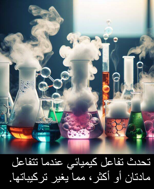 أكثر،: تحدث تفاعل كيميائي عندما تتفاعل مادتان أو أكثر، مما يغير تركيباتها.