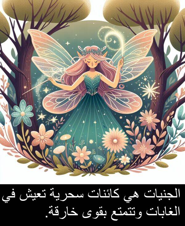 كائنات: الجنيات هي كائنات سحرية تعيش في الغابات وتتمتع بقوى خارقة.