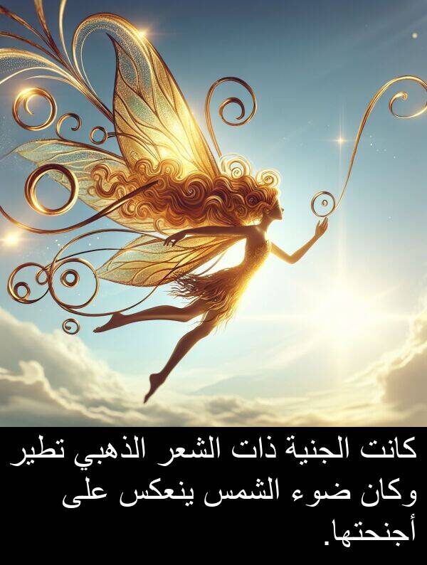 ذات: كانت الجنية ذات الشعر الذهبي تطير وكان ضوء الشمس ينعكس على أجنحتها.