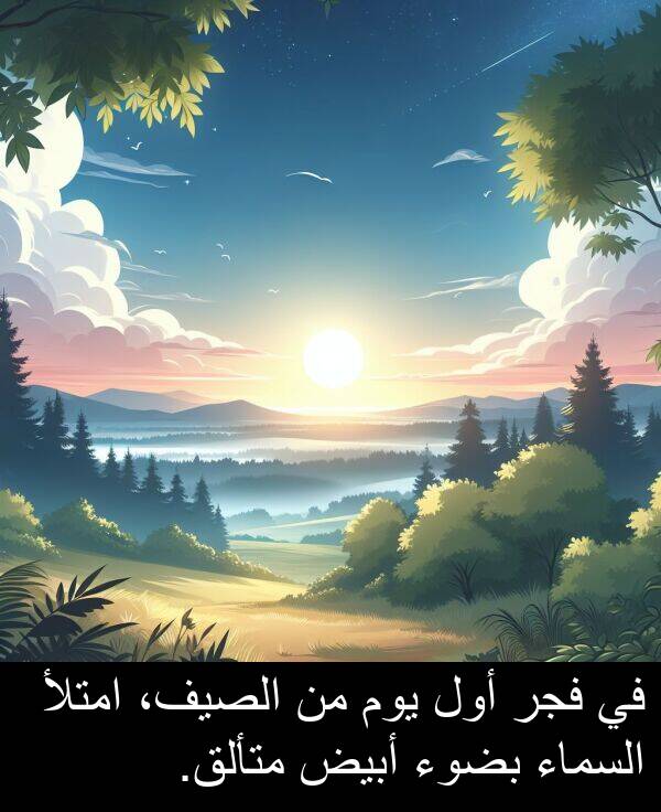 أبيض: في فجر أول يوم من الصيف، امتلأ السماء بضوء أبيض متألق.