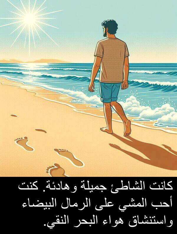 هواء: كانت الشاطئ جميلة وهادئة. كنت أحب المشي على الرمال البيضاء واستنشاق هواء البحر النقي.