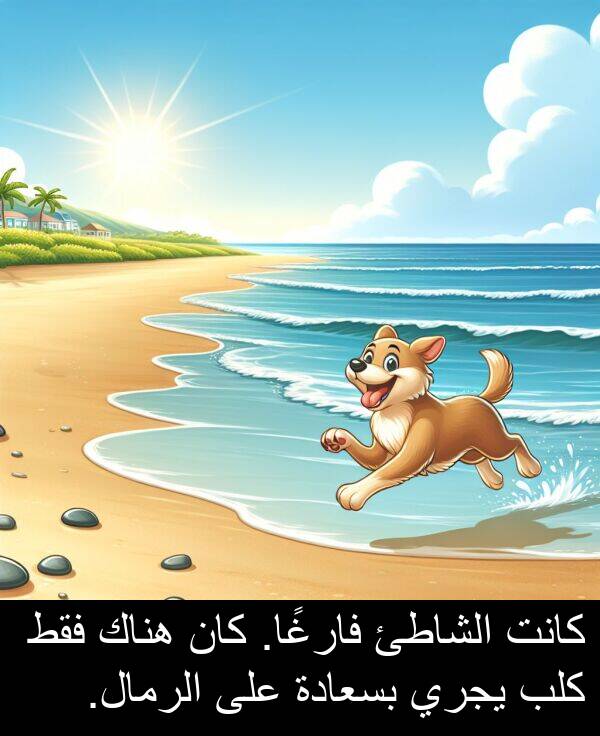 كلب: كانت الشاطئ فارغًا. كان هناك فقط كلب يجري بسعادة على الرمال.