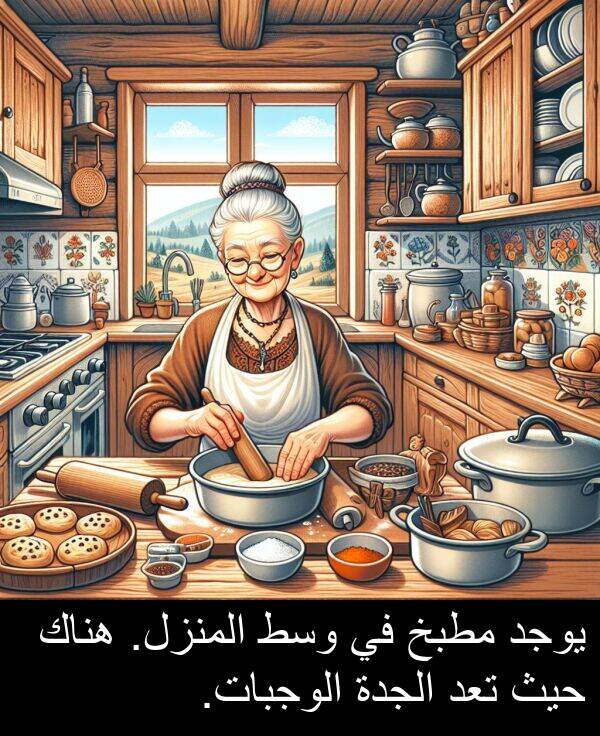المنزل: يوجد مطبخ في وسط المنزل. هناك حيث تعد الجدة الوجبات.