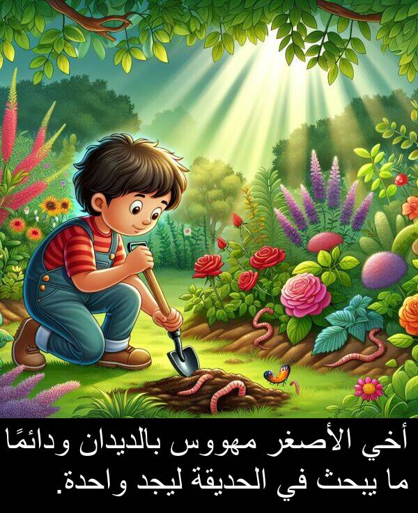 يبحث: أخي الأصغر مهووس بالديدان ودائمًا ما يبحث في الحديقة ليجد واحدة.
