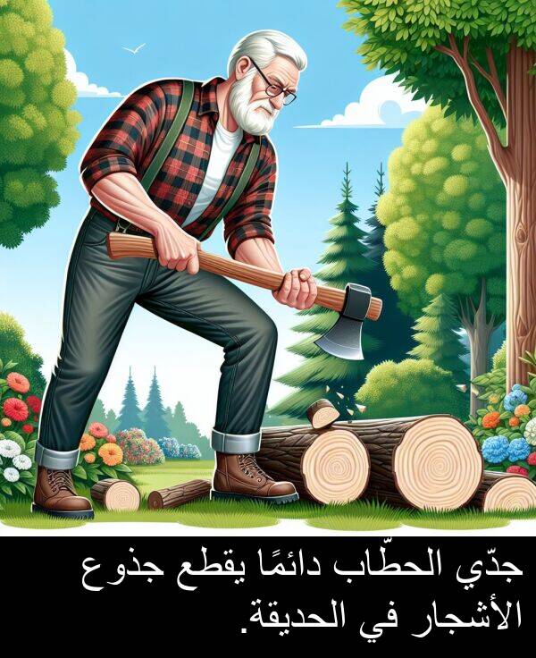 جذوع: جدّي الحطّاب دائمًا يقطع جذوع الأشجار في الحديقة.