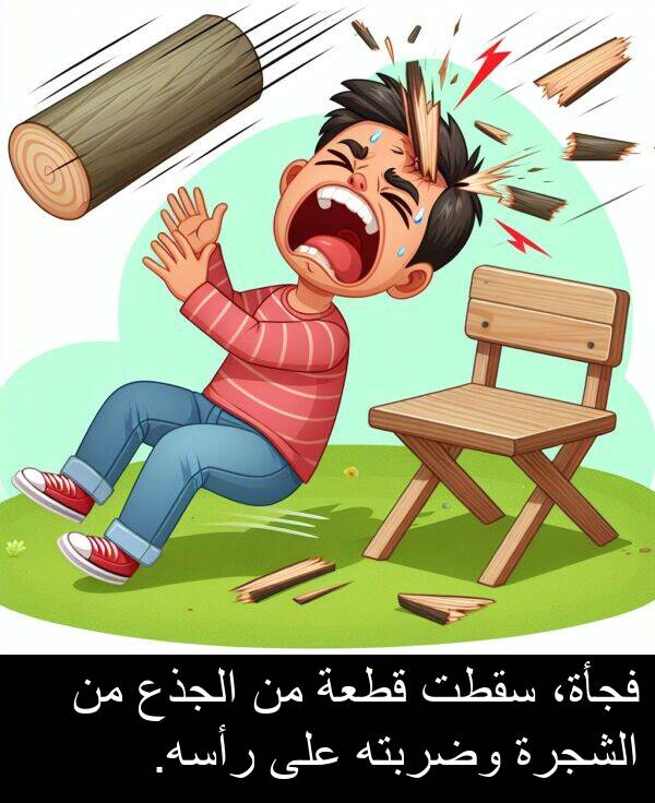 رأسه: فجأة، سقطت قطعة من الجذع من الشجرة وضربته على رأسه.