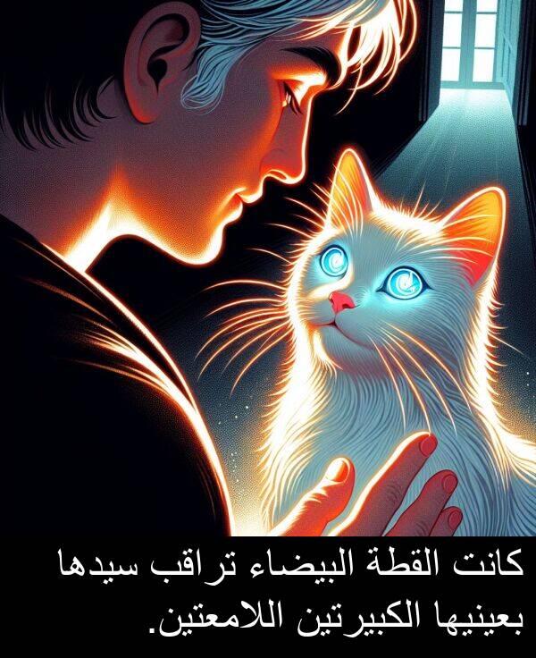 بعينيها: كانت القطة البيضاء تراقب سيدها بعينيها الكبيرتين اللامعتين.