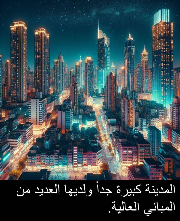كبيرة: المدينة كبيرة جداً ولديها العديد من المباني العالية.