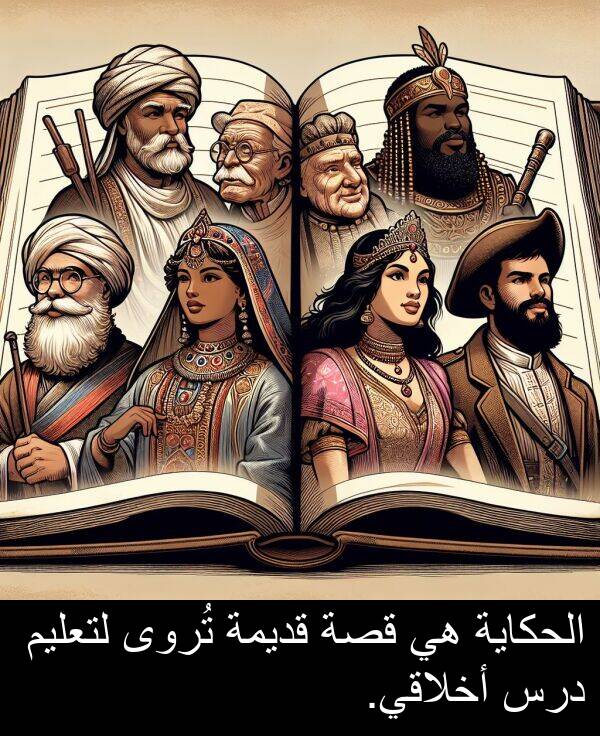 درس: الحكاية هي قصة قديمة تُروى لتعليم درس أخلاقي.