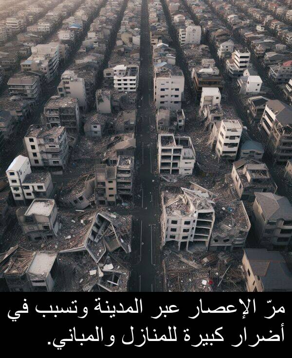 عبر: مرّ الإعصار عبر المدينة وتسبب في أضرار كبيرة للمنازل والمباني.