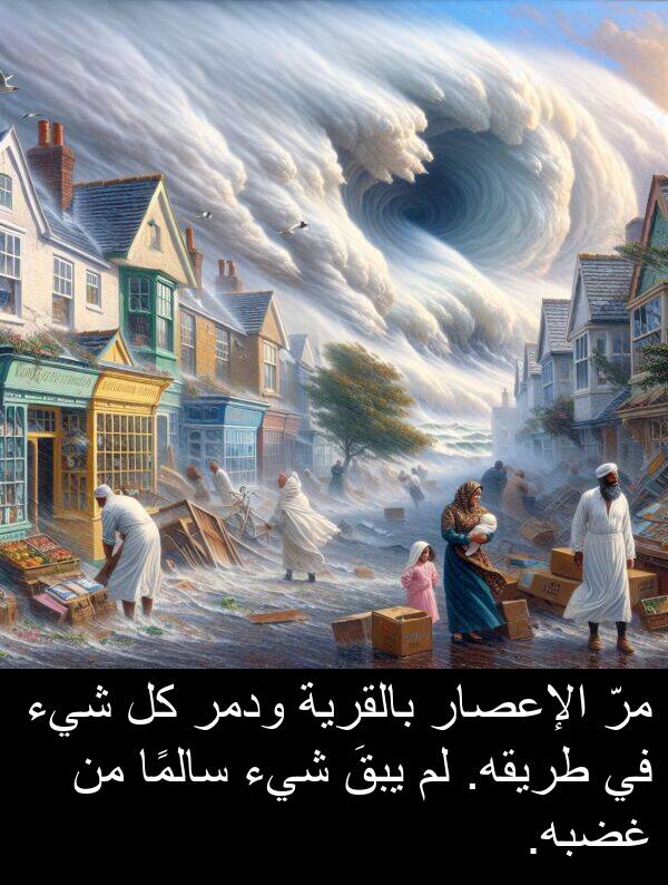 غضبه: مرّ الإعصار بالقرية ودمر كل شيء في طريقه. لم يبقَ شيء سالمًا من غضبه.