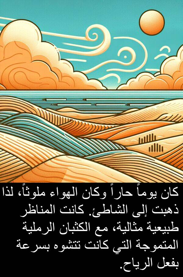 طبيعية: كان يوماً حاراً وكان الهواء ملوثاً، لذا ذهبت إلى الشاطئ. كانت المناظر طبيعية مثالية، مع الكثبان الرملية المتموجة التي كانت تتشوه بسرعة بفعل الرياح.