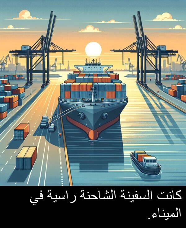 راسية: كانت السفينة الشاحنة راسية في الميناء.