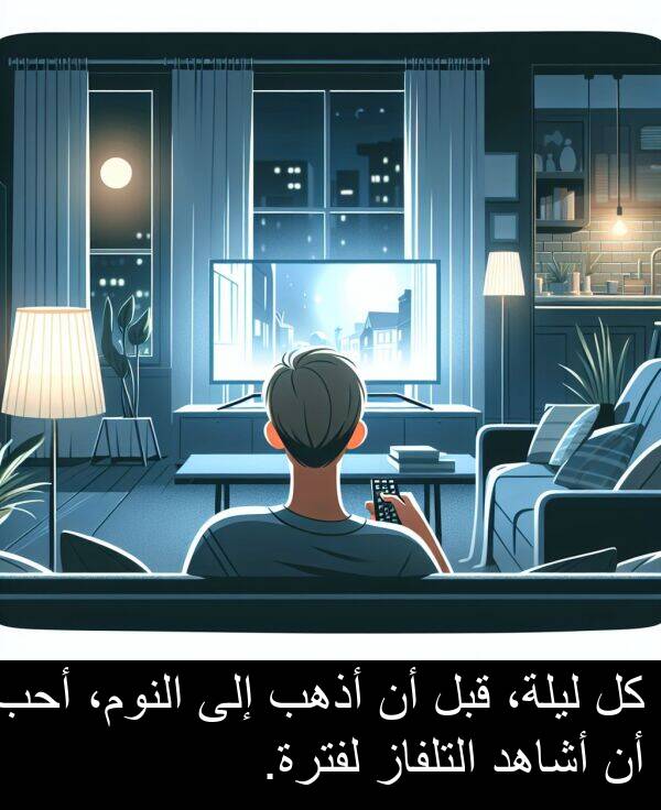 أذهب: كل ليلة، قبل أن أذهب إلى النوم، أحب أن أشاهد التلفاز لفترة.