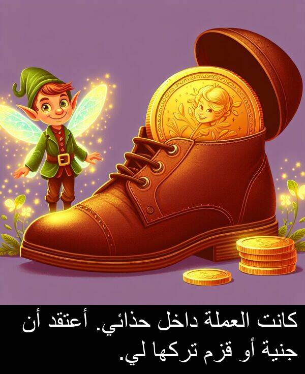 داخل: كانت العملة داخل حذائي. أعتقد أن جنية أو قزم تركها لي.