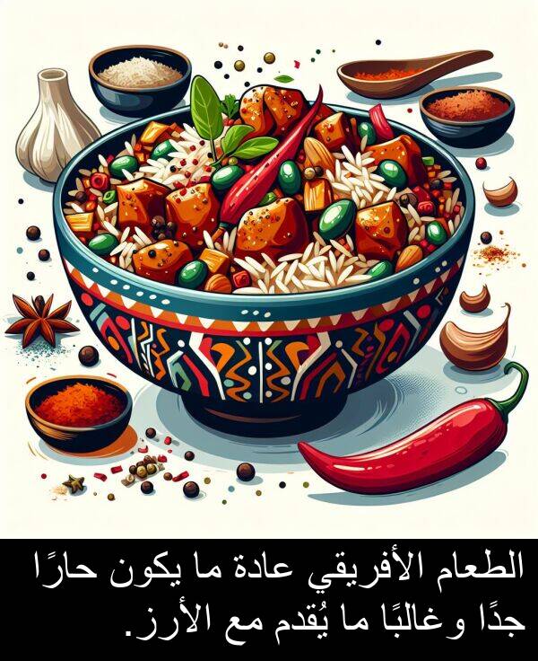 عادة: الطعام الأفريقي عادة ما يكون حارًا جدًا وغالبًا ما يُقدم مع الأرز.