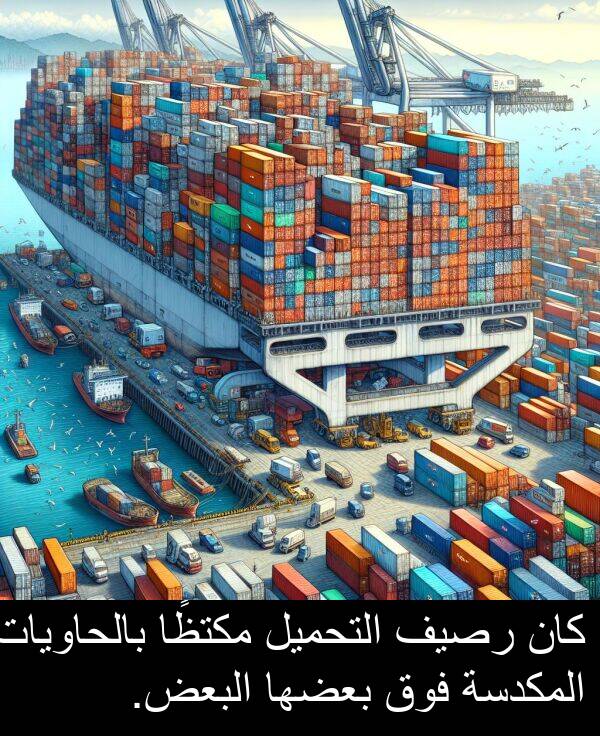 بالحاويات: كان رصيف التحميل مكتظًا بالحاويات المكدسة فوق بعضها البعض.
