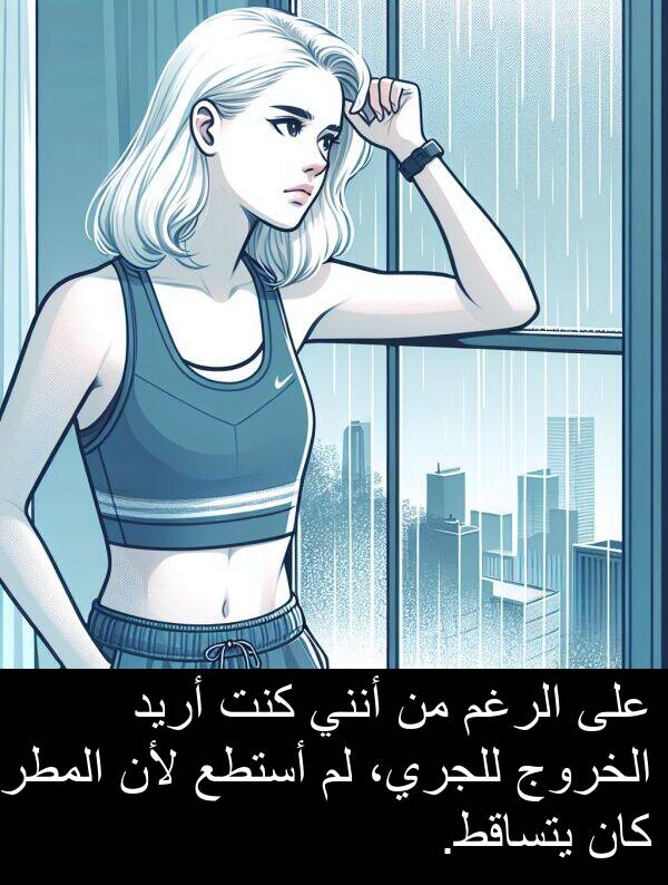 أريد: على الرغم من أنني كنت أريد الخروج للجري، لم أستطع لأن المطر كان يتساقط.
