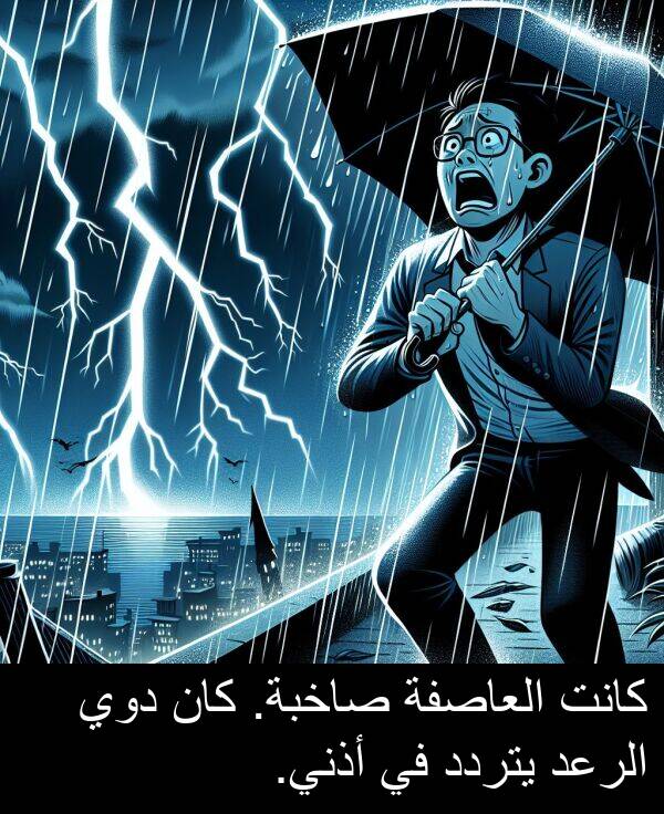 صاخبة: كانت العاصفة صاخبة. كان دوي الرعد يتردد في أذني.