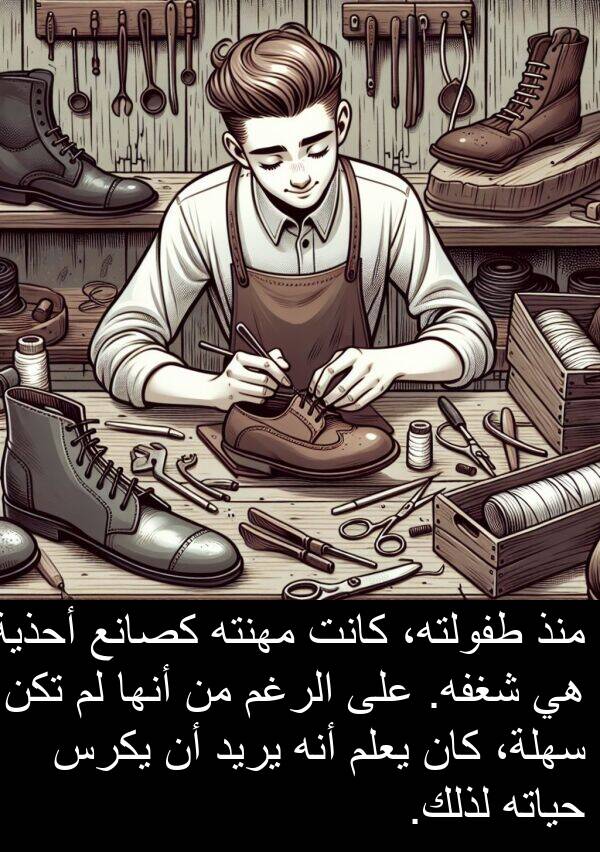 كصانع: منذ طفولته، كانت مهنته كصانع أحذية هي شغفه. على الرغم من أنها لم تكن سهلة، كان يعلم أنه يريد أن يكرس حياته لذلك.