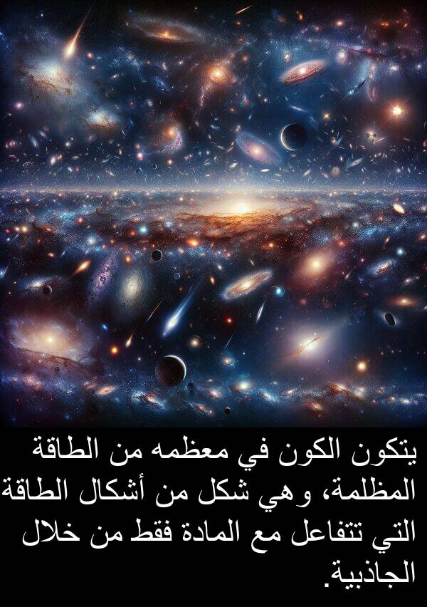 يتكون: يتكون الكون في معظمه من الطاقة المظلمة، وهي شكل من أشكال الطاقة التي تتفاعل مع المادة فقط من خلال الجاذبية.