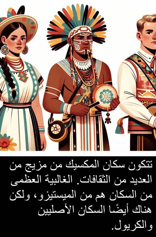 سكان: تتكون سكان المكسيك من مزيج من العديد من الثقافات. الغالبية العظمى من السكان هم من الميستيزو، ولكن هناك أيضًا السكان الأصليين والكريول.