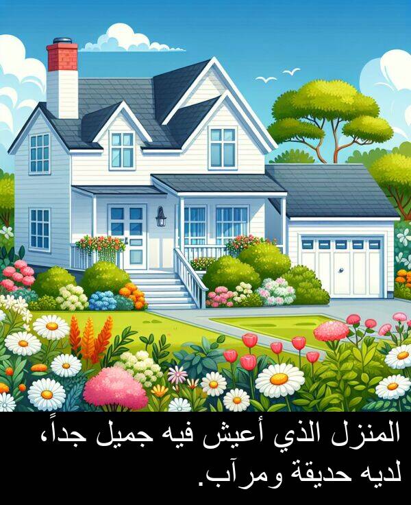 لديه: المنزل الذي أعيش فيه جميل جداً، لديه حديقة ومرآب.