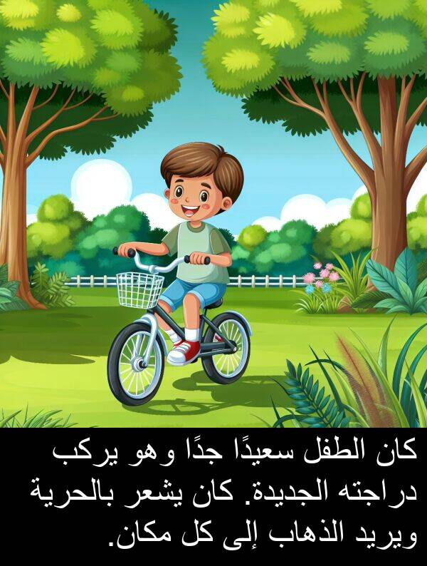 يركب: كان الطفل سعيدًا جدًا وهو يركب دراجته الجديدة. كان يشعر بالحرية ويريد الذهاب إلى كل مكان.
