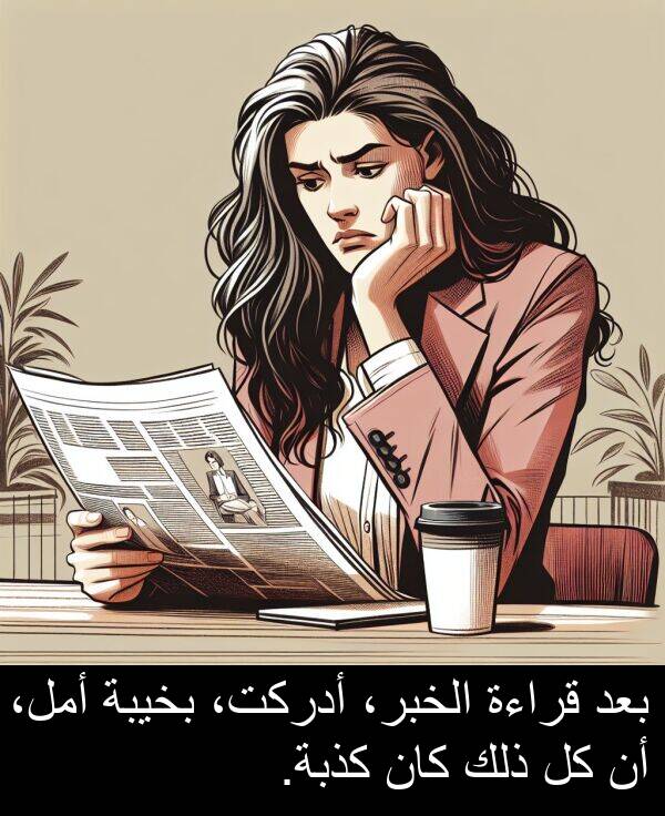 أدركت،: بعد قراءة الخبر، أدركت، بخيبة أمل، أن كل ذلك كان كذبة.