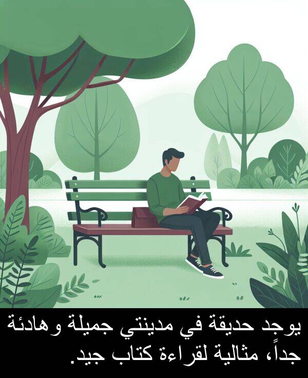 كتاب: يوجد حديقة في مدينتي جميلة وهادئة جداً، مثالية لقراءة كتاب جيد.