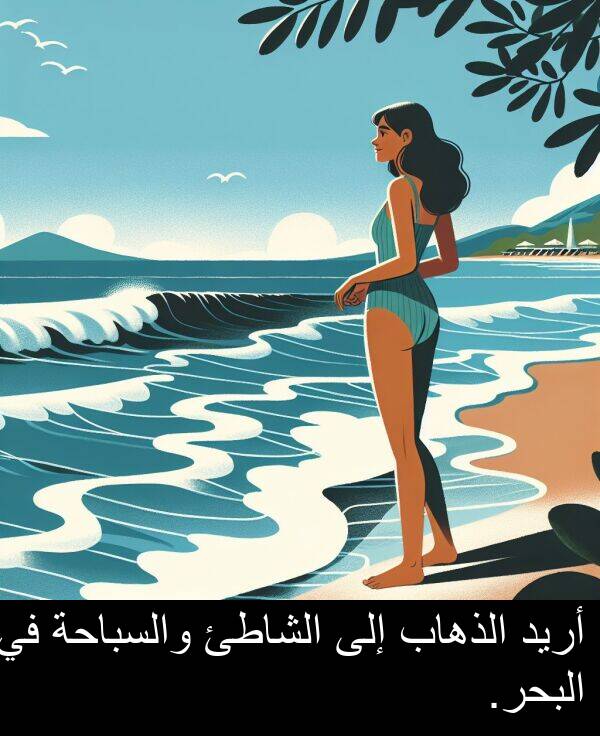 أريد: أريد الذهاب إلى الشاطئ والسباحة في البحر.
