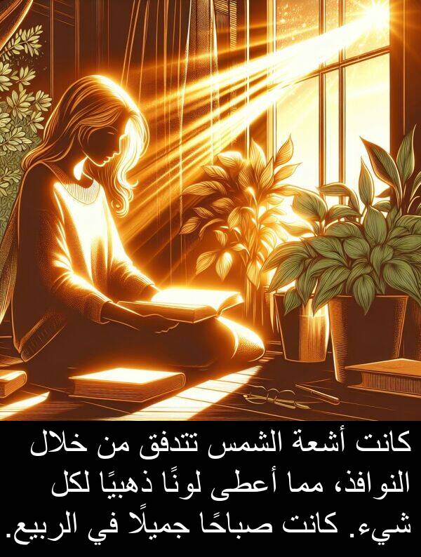 صباحًا: كانت أشعة الشمس تتدفق من خلال النوافذ، مما أعطى لونًا ذهبيًا لكل شيء. كانت صباحًا جميلًا في الربيع.
