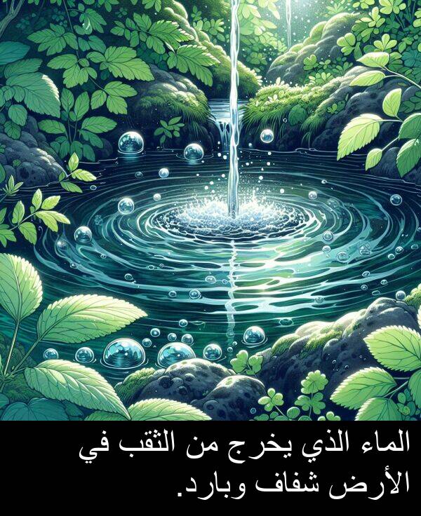 يخرج: الماء الذي يخرج من الثقب في الأرض شفاف وبارد.