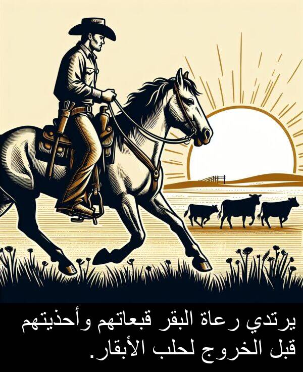 وأحذيتهم: يرتدي رعاة البقر قبعاتهم وأحذيتهم قبل الخروج لحلب الأبقار.