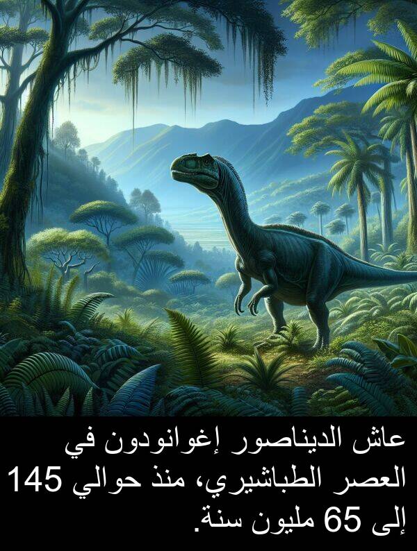 عاش: عاش الديناصور إغوانودون في العصر الطباشيري، منذ حوالي 145 إلى 65 مليون سنة.