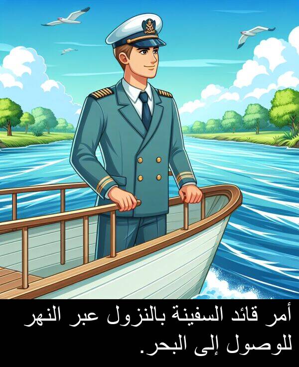 عبر: أمر قائد السفينة بالنزول عبر النهر للوصول إلى البحر.