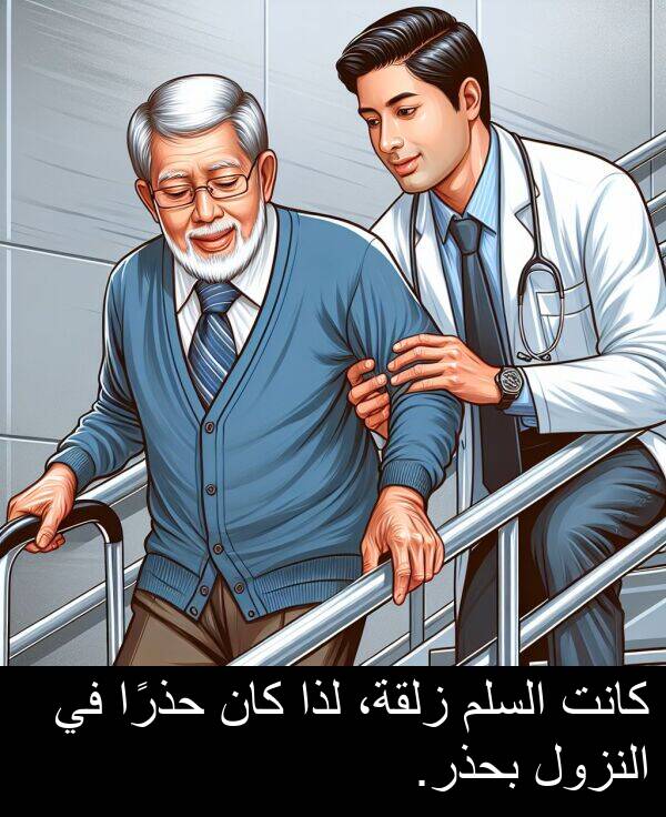 لذا: كانت السلم زلقة، لذا كان حذرًا في النزول بحذر.