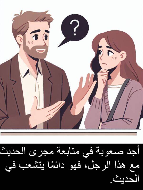 صعوبة: أجد صعوبة في متابعة مجرى الحديث مع هذا الرجل، فهو دائمًا يتشعب في الحديث.