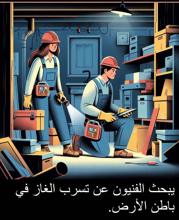 يبحث: يبحث الفنيون عن تسرب الغاز في باطن الأرض.