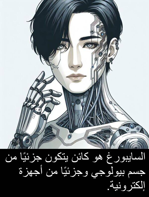 يتكون: السايبورغ هو كائن يتكون جزئيًا من جسم بيولوجي وجزئيًا من أجهزة إلكترونية.