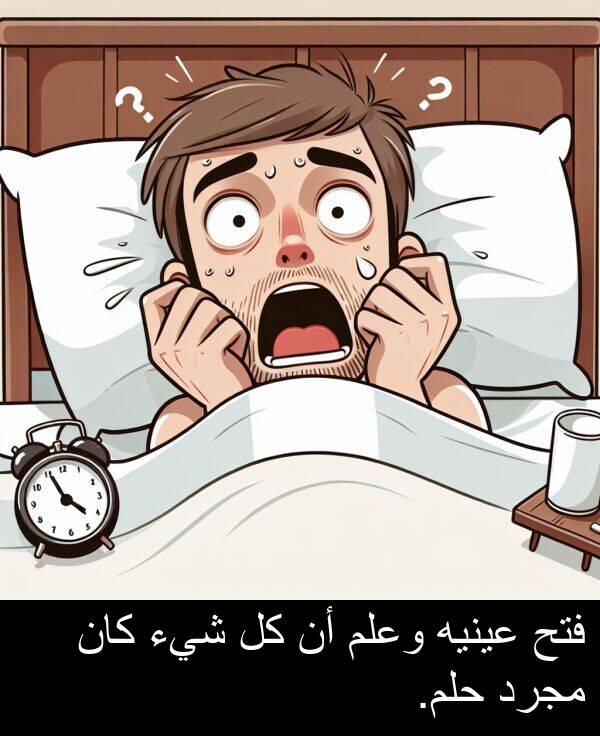 شيء: فتح عينيه وعلم أن كل شيء كان مجرد حلم.