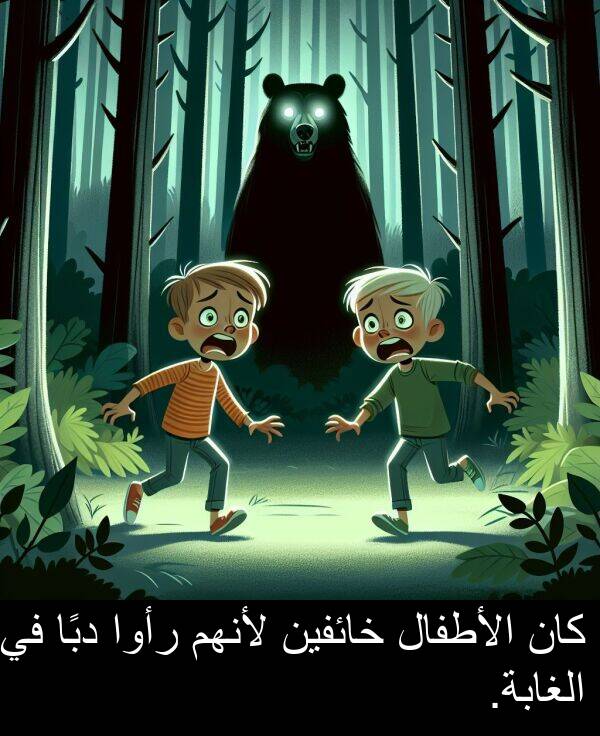 خائفين: كان الأطفال خائفين لأنهم رأوا دبًا في الغابة.