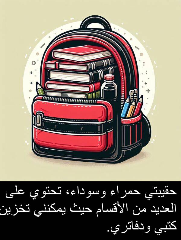 كتبي: حقيبتي حمراء وسوداء، تحتوي على العديد من الأقسام حيث يمكنني تخزين كتبي ودفاتري.