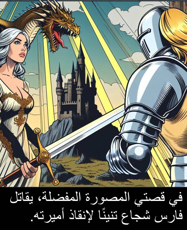 لإنقاذ: في قصتي المصورة المفضلة، يقاتل فارس شجاع تنينًا لإنقاذ أميرته.