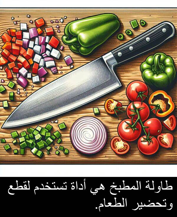 طاولة: طاولة المطبخ هي أداة تستخدم لقطع وتحضير الطعام.