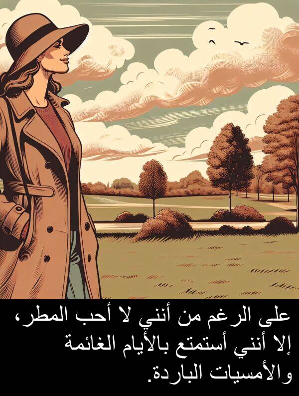 والأمسيات: على الرغم من أنني لا أحب المطر، إلا أنني أستمتع بالأيام الغائمة والأمسيات الباردة.