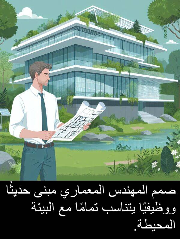 صمم: صمم المهندس المعماري مبنى حديثًا ووظيفيًا يتناسب تمامًا مع البيئة المحيطة.