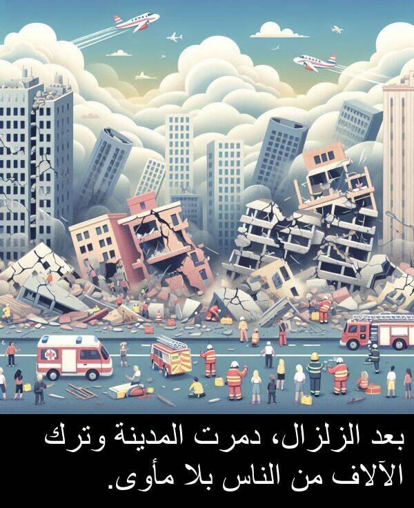 دمرت: بعد الزلزال، دمرت المدينة وترك الآلاف من الناس بلا مأوى.