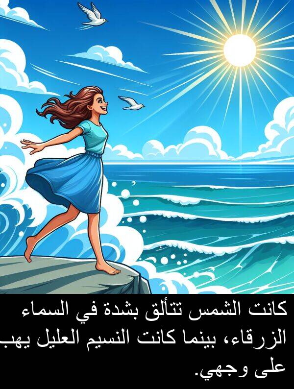 تتألق: كانت الشمس تتألق بشدة في السماء الزرقاء، بينما كانت النسيم العليل يهب على وجهي.
