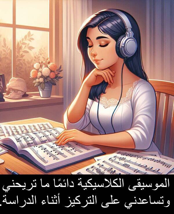 أثناء: الموسيقى الكلاسيكية دائمًا ما تريحني وتساعدني على التركيز أثناء الدراسة.
